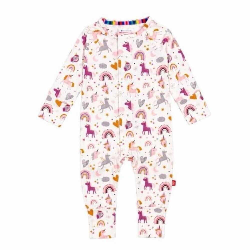 Magnetic Me unicorn and rainbow print baby onesie in pink & white